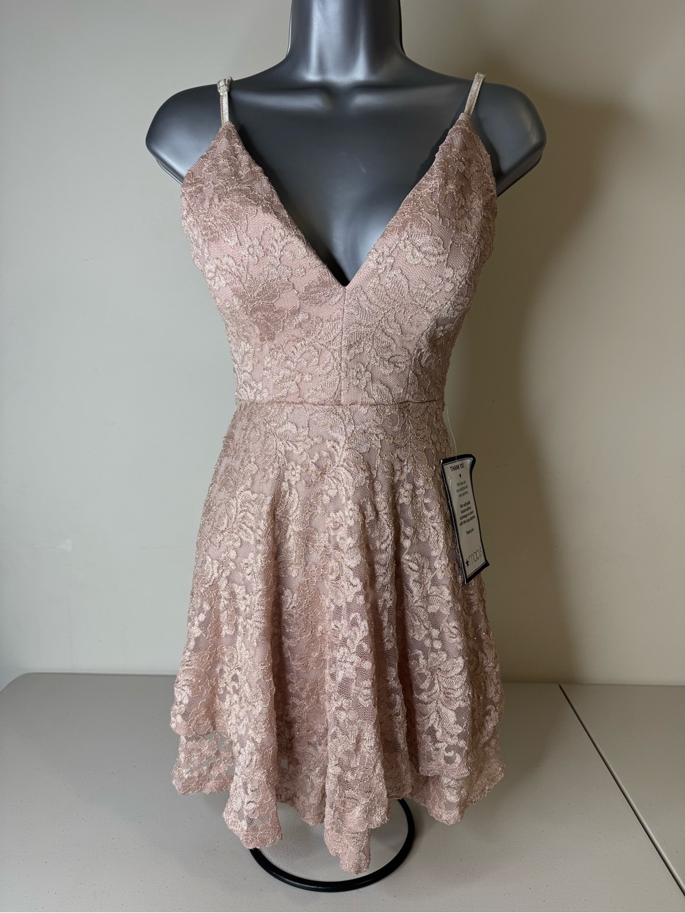 NWT Emerald Sundae Rose Gold Glitter Lace Skater Dress, Size XS